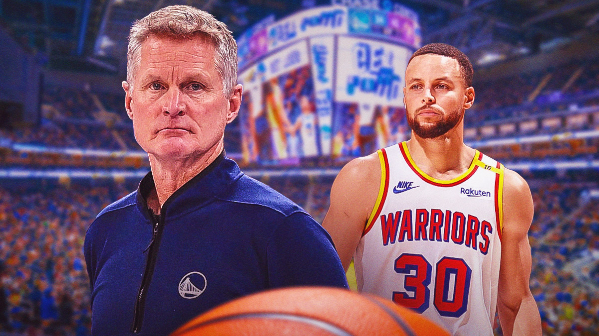 Golden State Warriors player Stephen Curry alongside Warriors coach Steve Kerr. Have the Warriors arena in the background, injury