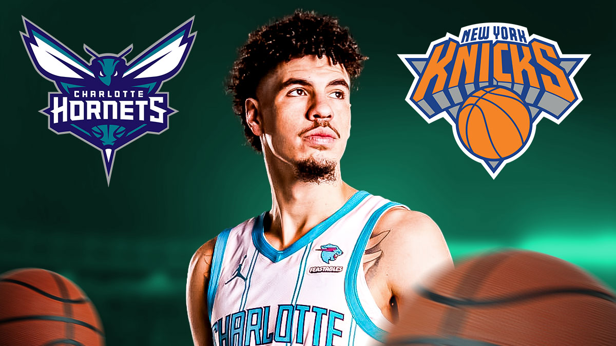 Charlotte Hornets player LaMelo Ball with the Hornets and NY Knicks logos in the background, injury