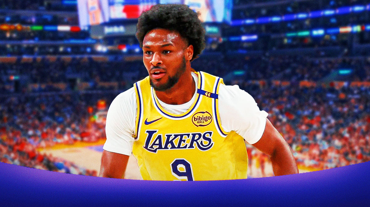 LA Lakers player Bronny James with the Lakers arena in the background, injury