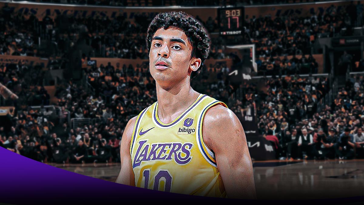 LA Lakers player Max Christie with the Lakers arena in the background, season