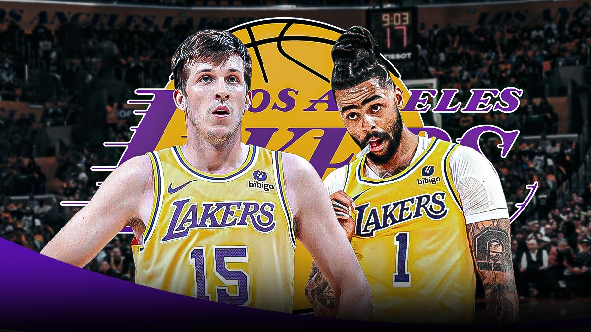 LA Lakers players D’Angelo Russell and Austin Reaves with the Lakers logo in the background, injury