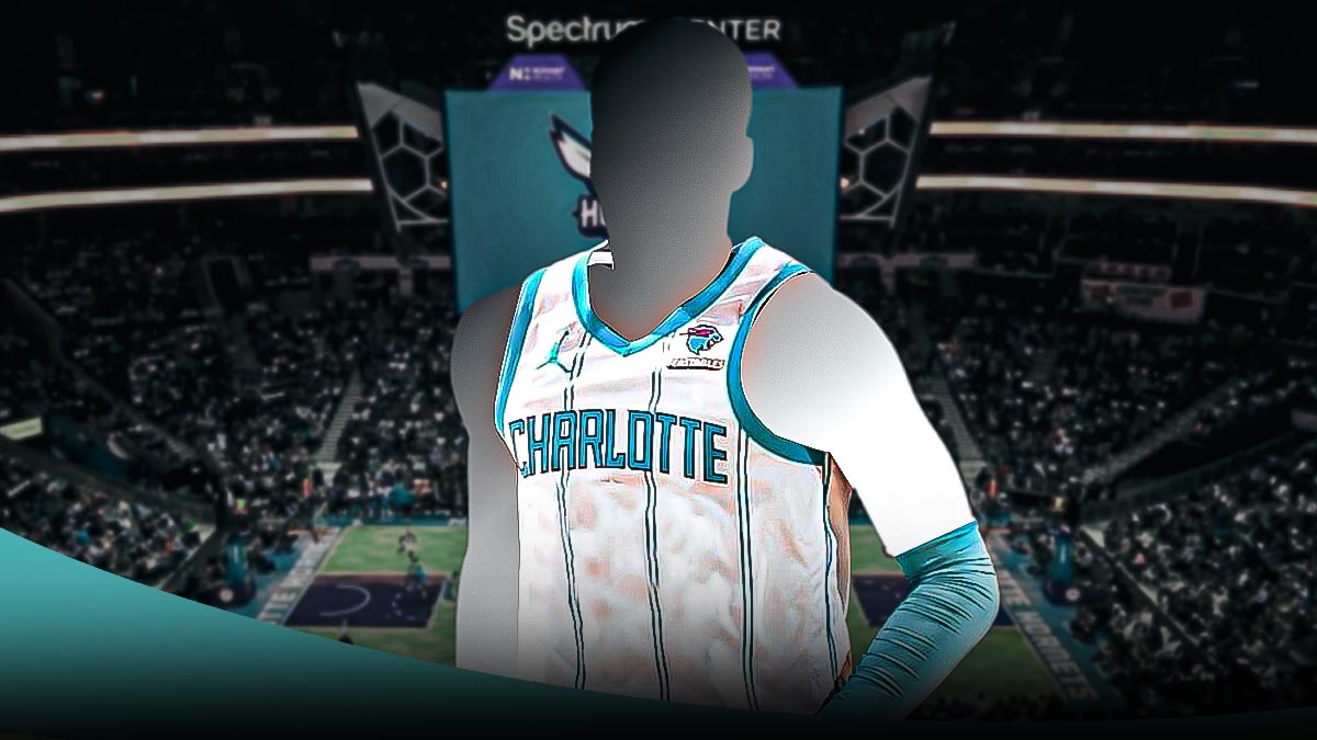 A shadowy player in a Charlotte Hornets jersey with the Hornets arena in the background, injury roster two-way contract