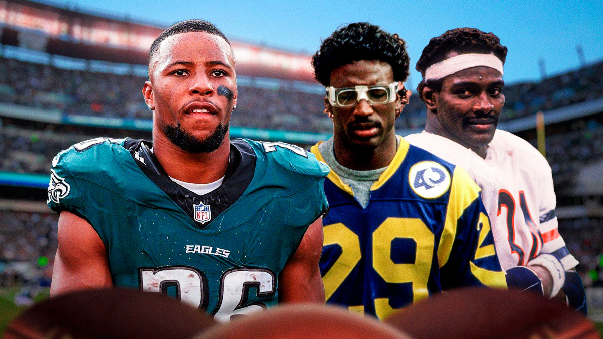 Saquon Barkley in Eagles jersey with Walter Payton and Eric Dickerson to the right.
