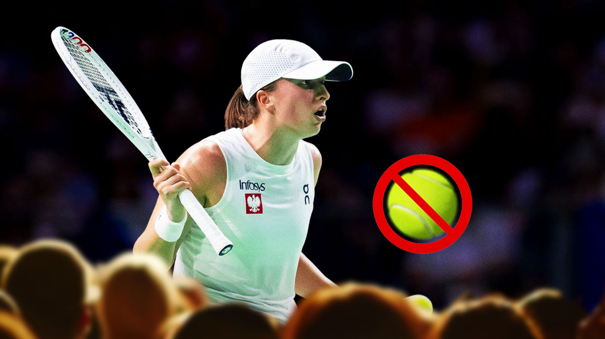 Women’s tennis player Iga Swiatek, with a tennis court and tennis balls and a big canceled symbol over the tennis court/tennis balls