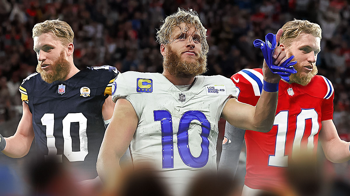 Cooper Kupp in Rams jersey, Cooper Kupp photoshopped in Steelers jersey, Cooper Kupp photoshopped in Patriots jersey.