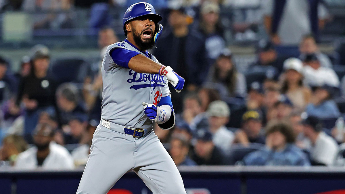 Los Angeles Dodgers outfielder Teoscar Hernandez (37) celebrates after hitting a single during the ninth inning against the New York Yankees in game four of the 2024 MLB World Series at Yankee Stadium.