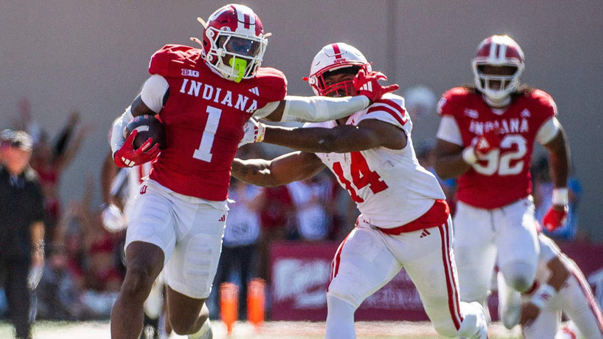Indiana's Shawn Asbruy II (1) returns an interception during the Indiana versus Nebraska football game at Memorial Stadium on Saturday, Oct. 19, 2024.