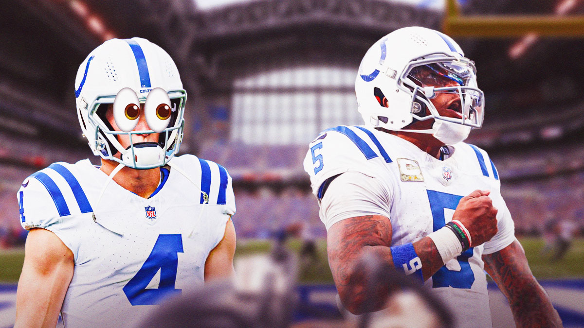 Sam Ehlinger in an Indianapolis Colts uniform with big cartoon eyes looking at Anthony Richardson celebrating in a Colts uniform as Richardson got his starting job back over joe flacco against the jets.