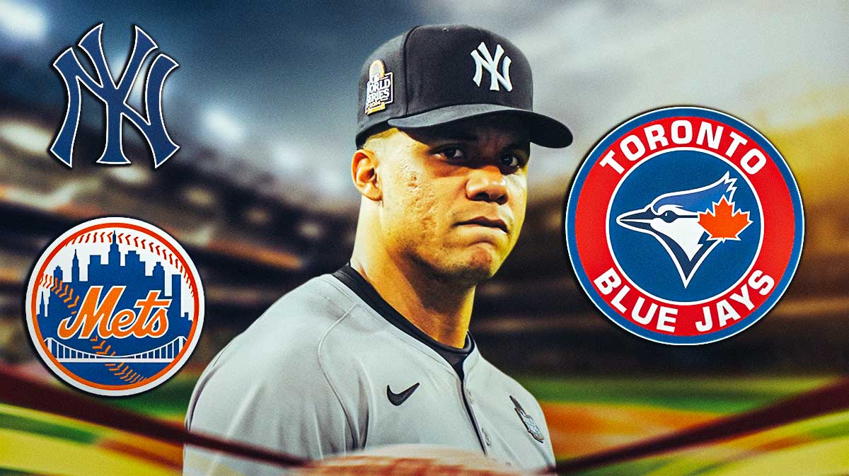 Juan Soto with Yankees, Mets, Blue Jays logos around him