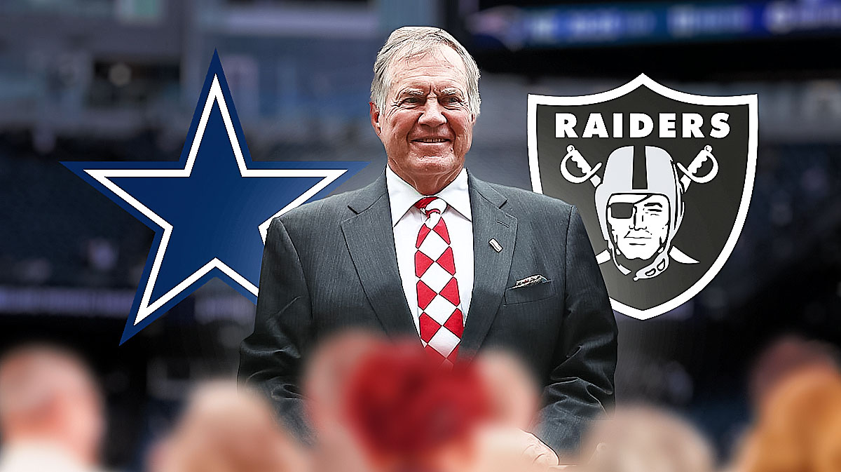 Bill Belichick in the middle of a Raiders logo on the right and a Cowboys logo on the left.