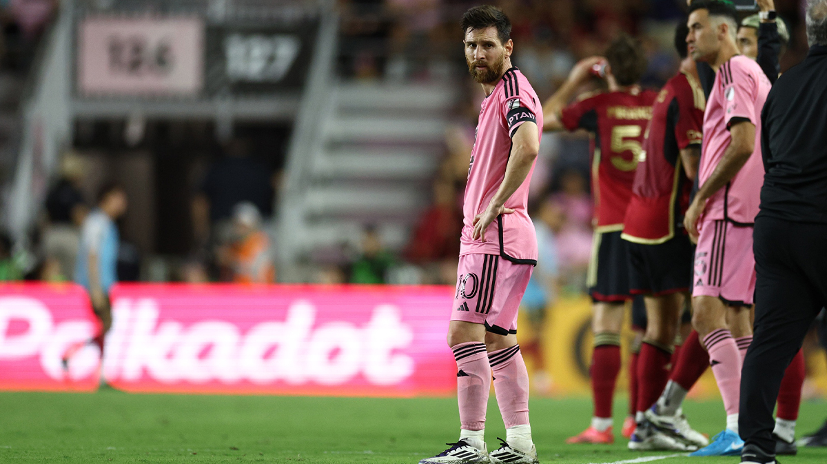 Inter Miami FC forward Lionel Messi (10) looks on in the second half against the Atlanta United FC in a 2024 MLS Cup Playoffs Round One match at Chase Stadium.