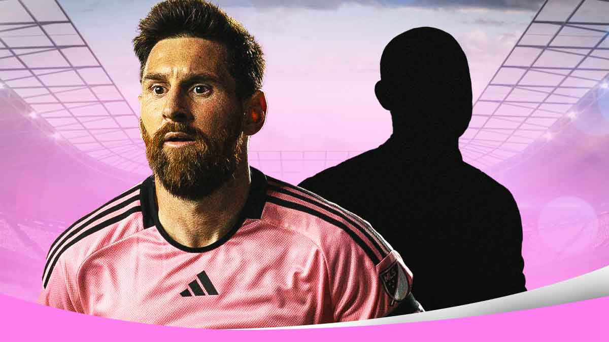 Messi wearing Inter Miami gear beside the silhouette of Javier Mascherano