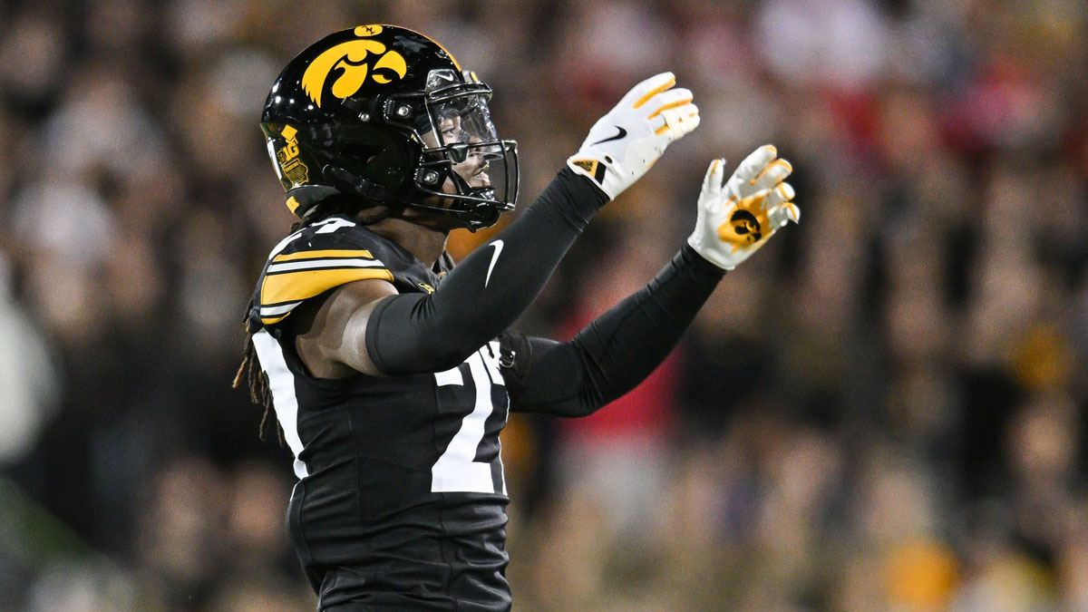 Iowa Hawkeyes defensive back Jermari Harris (27) reacts against the Wisconsin Badgers during the second quarter at Kinnick Stadium.