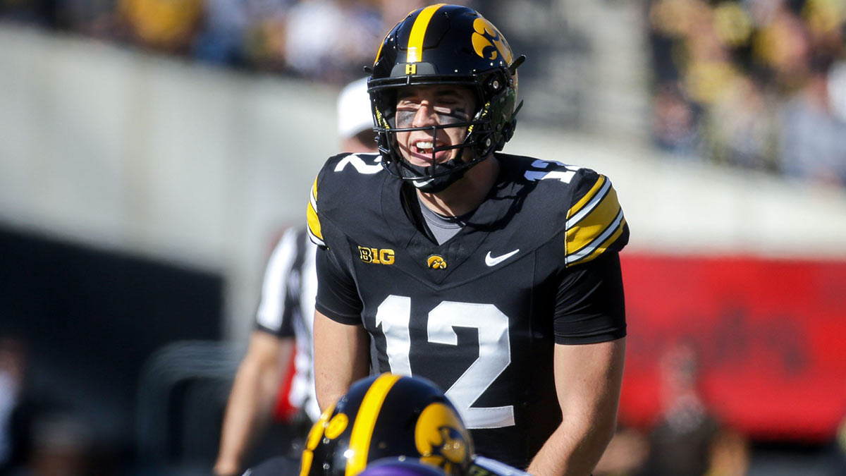 Iowa’s Cade McNamara (12) calls a play at the line of scrimmage against Northwestern Saturday, Oct. 26, 2024 at Kinnick Stadium in Iowa City, Iowa