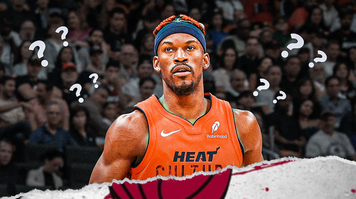 Miami Heat star Jimmy Butler with question marks around him in front of Kaseya Center.