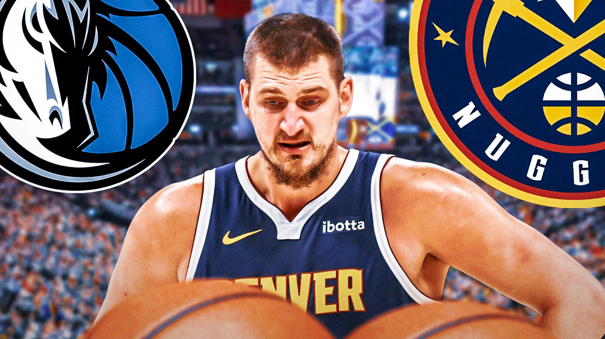 Nuggets Nikola Jokic in front looking serious. In background, Dallas Mavericks and Denver Nuggets 2024 logos.