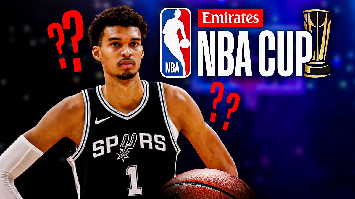 Spurs' Victor Wembanyama with question marks and NBA Cup logo