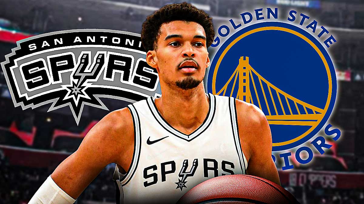 Spurs Victor Wembanyama looking serious in front. In background, San Antonio Spurs and Golden State Warriors 2024 logos.