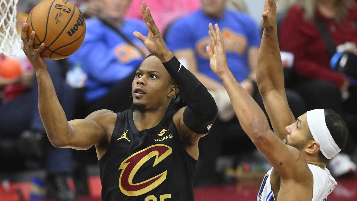 Cleveland Cavaliers forward Isaac Okoro (35) drives against Orlando Magic guard Jalen Suggs (4) in the fourth quarter at Rocket Mortgage FieldHouse.