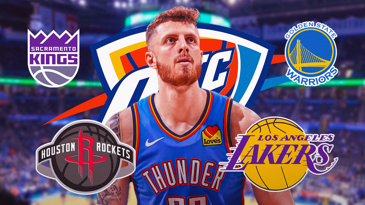 Thunder center Isaiah Hartenstein next to the Thunder road trip Kings, Warriors, Lakers, and Rockets logos with the Thunder logo in the background