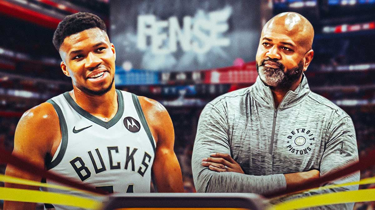 JB Bickerstaff looking stern, Giannis looking happy, basketball court in background