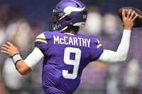Aug 10, 2024; Minneapolis, Minnesota, USA; Minnesota Vikings quarterback J.J. McCarthy (9) warms up before the game against the Las Vegas Raiders at U.S. Bank Stadium.