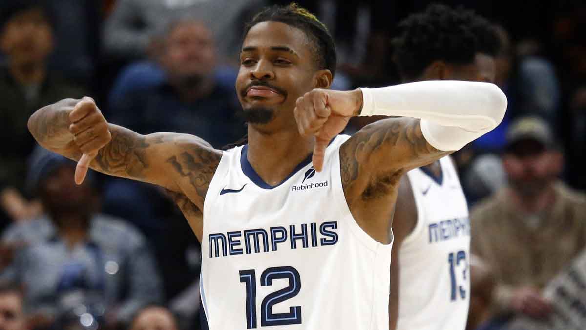 Memphis Grizzlies guard Ja Morant (12) reacts during the second half against the Portland Trail Blazers at FedExForum.