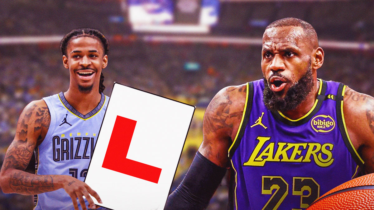 Grizzlies' Ja Morant laughing, while holding a huge card with an "L" on it with Lakers' LeBron James frustrated beside him