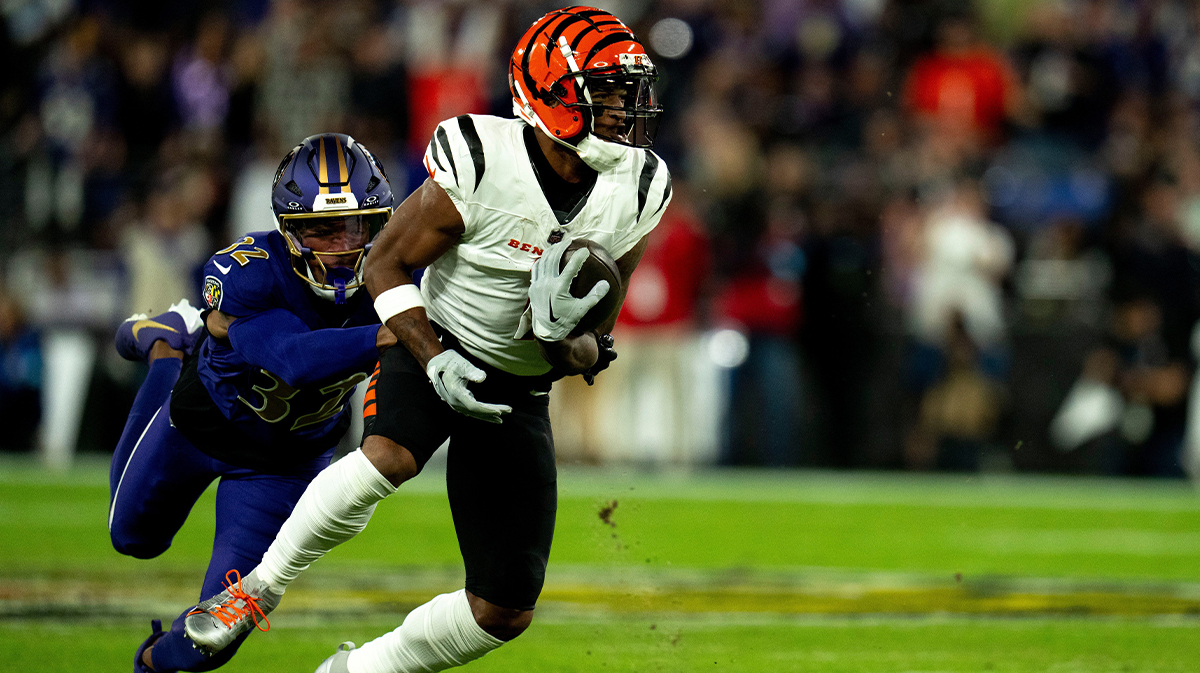 Baltimore Ravens safety Marcus Williams (32) tackles Cincinnati Bengals wide receiver Ja'Marr Chase (1) in the first quarter of the NFL game at M&T Banks Stadium in Baltimore on Thursday, Nov. 7, 2024.