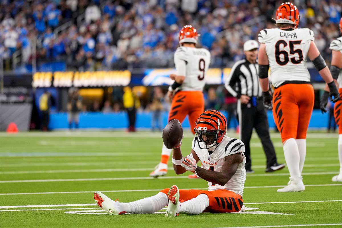 Cincinnati Bengals wide receiver Ja'Marr Chase (1) slams the ball after a play comes up short of the end zone in the first quarter of the NFL Week 11 game between the Los Angeles Chargers and the Cincinnati Bengals at SoFi Stadium in Inglewood, Calif., on Sunday, Nov. 17, 2024. The Chargers led 24-6 at halftime.