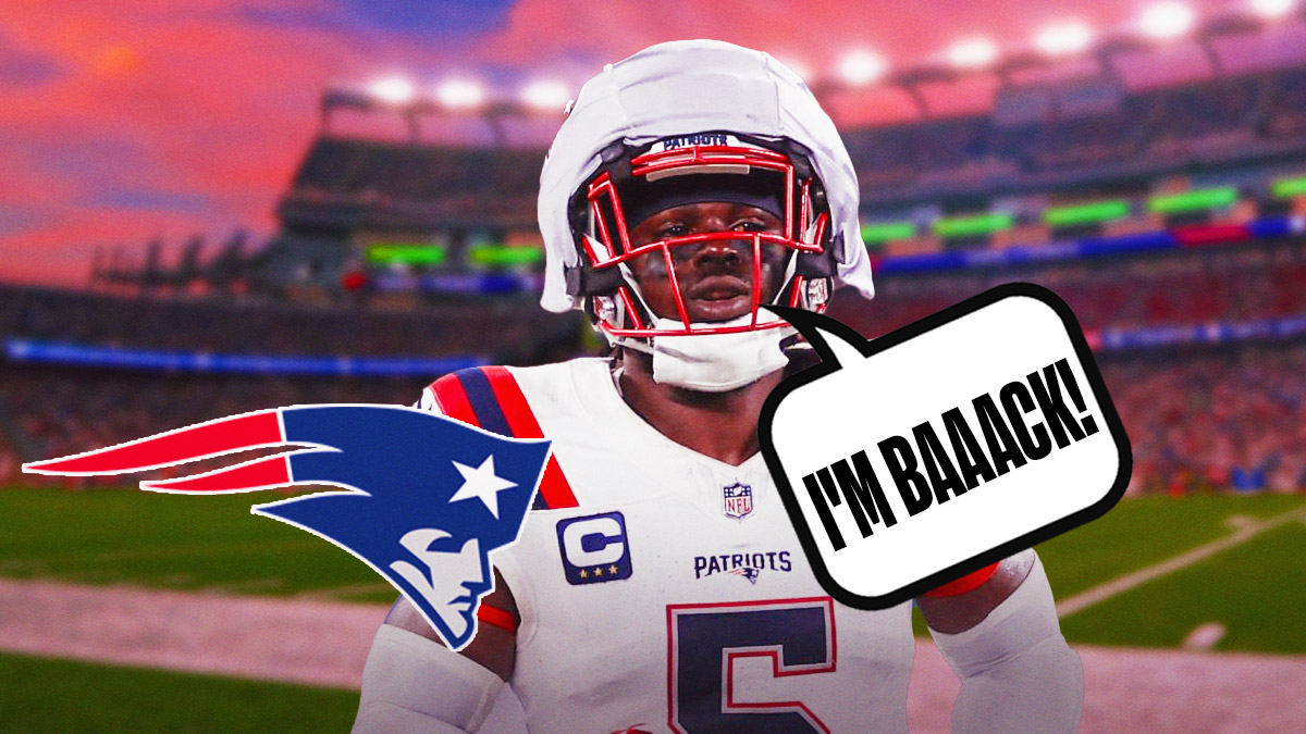 Patriots' Jabrill Peppers with a talk bubble I'M BAAACK! and a Patriots logo