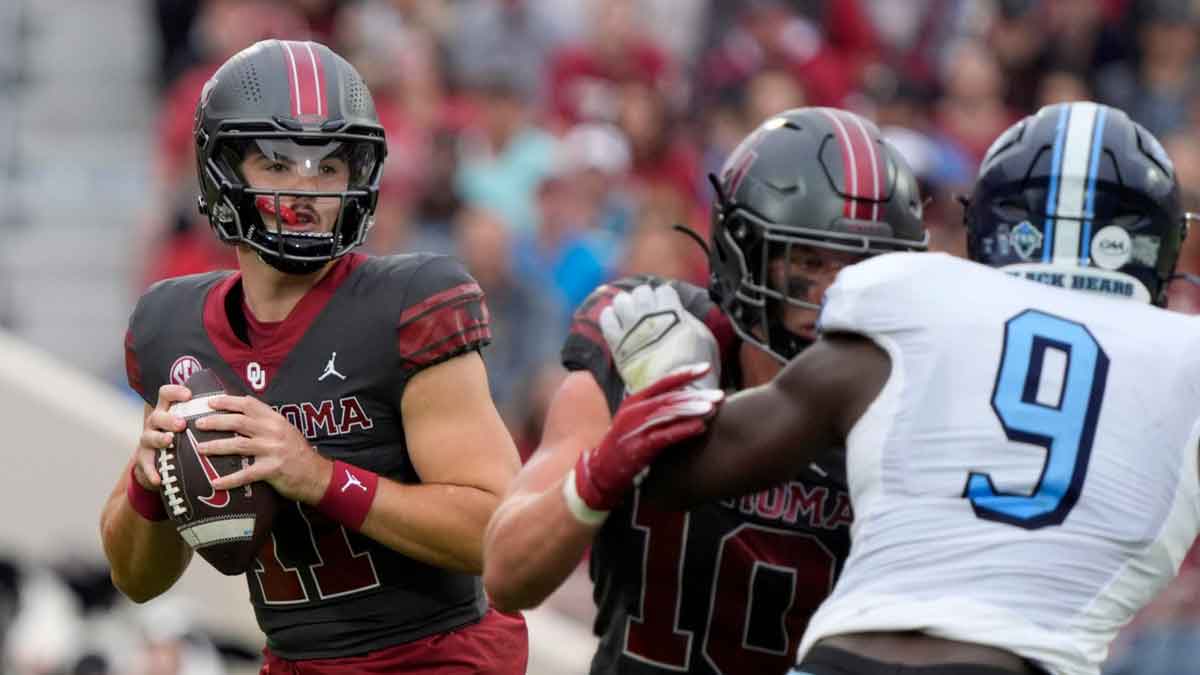 Oklahoma Sooners quarterback Jackson Arnold (11) drops back to pass during a college football game between the University of Oklahoma Sooners (OU) and the Maine Black Bears at Gaylord Family - Oklahoma Memorial Stadium in Norman, Okla., Saturday, Nov. 2, 2024.