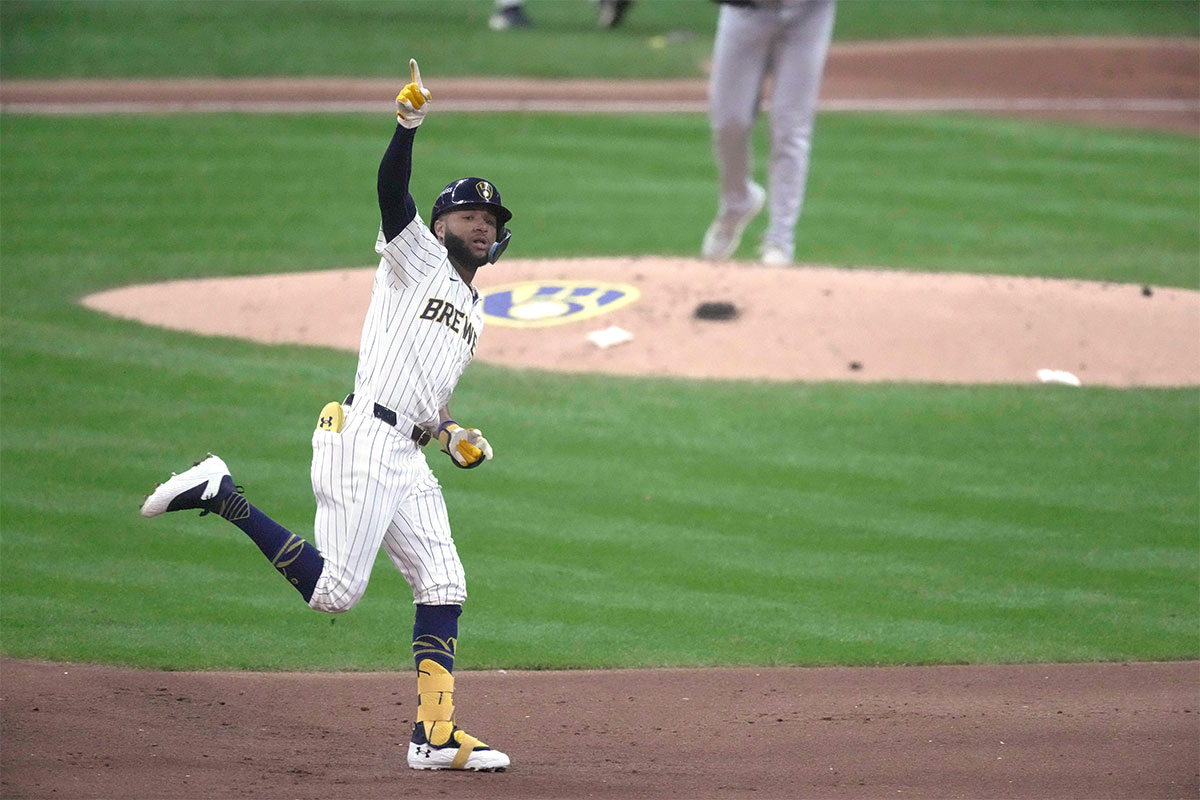 Oct. 2: Milwaukee Brewers outfielder Jackson Chourio celebrates after hitting a solo home run during the first inning.