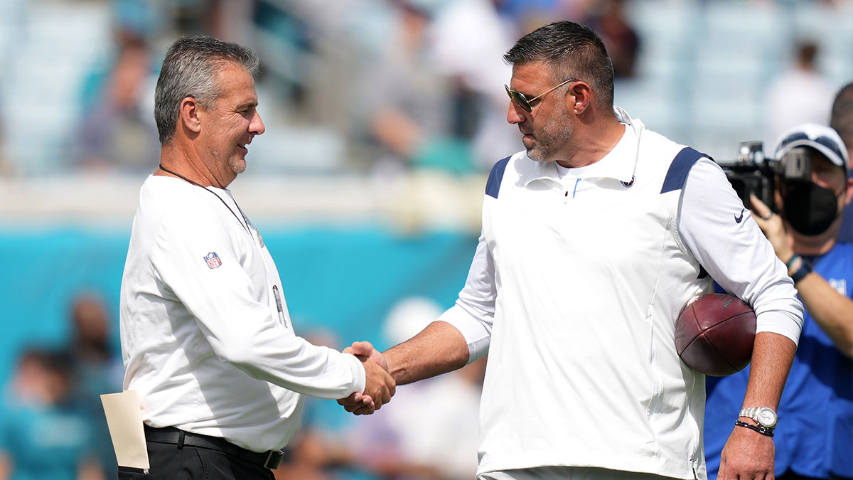 Jacksonville Jaguars head coach Urban Meyer (L) shakes hands with Tennessee Titans head coach Mike Vrabel (R) prior to the game at TIAA Bank Field.