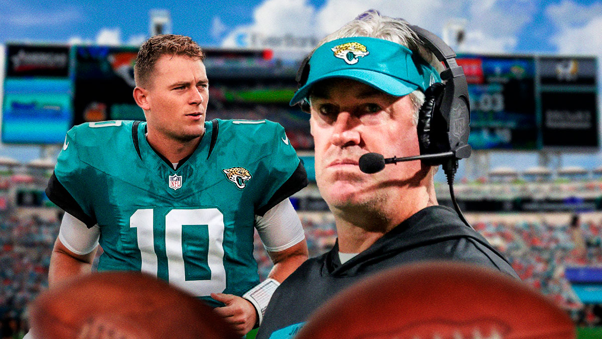 Jacksonville Jaguars head coach Doug Pederson and Mac Jones in front of EverBank Stadium.