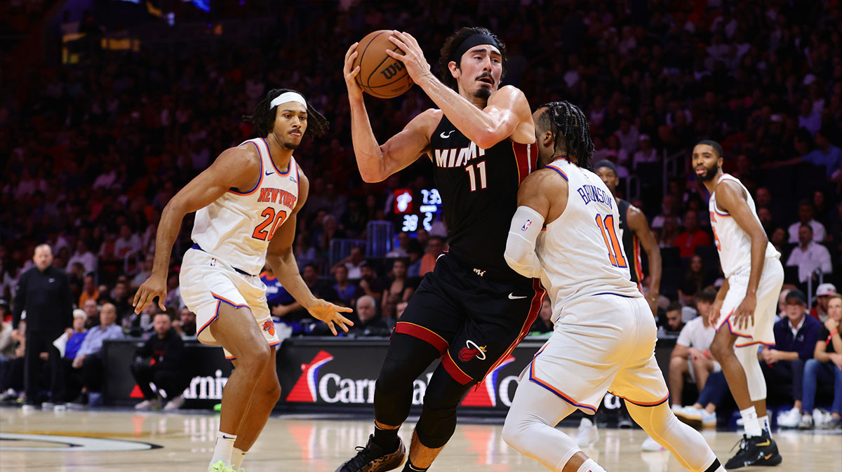  Miami Heat guard Jaime Jaquez Jr. (11) drives to the basket against New York Knicks guard Jalen Brunson (11) during the second quarter at Kaseya Center.