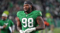 Nov 3, 2024; Philadelphia, Pennsylvania, USA; Philadelphia Eagles defensive tackle Jalen Carter (98) against the Jacksonville Jaguars at Lincoln Financial Field.