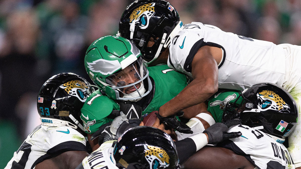 Philadelphia Eagles quarterback Jalen Hurts (1) is stopped by the Jacksonville Jaguars on a two point conversion at Lincoln Financial Field. 