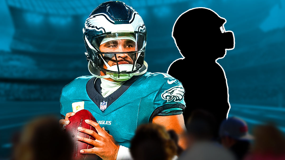 Nick Sirianni on the left, Jalen Hurts on the right, and the blacked-out silhouette of Grant Calcaterra in the middle