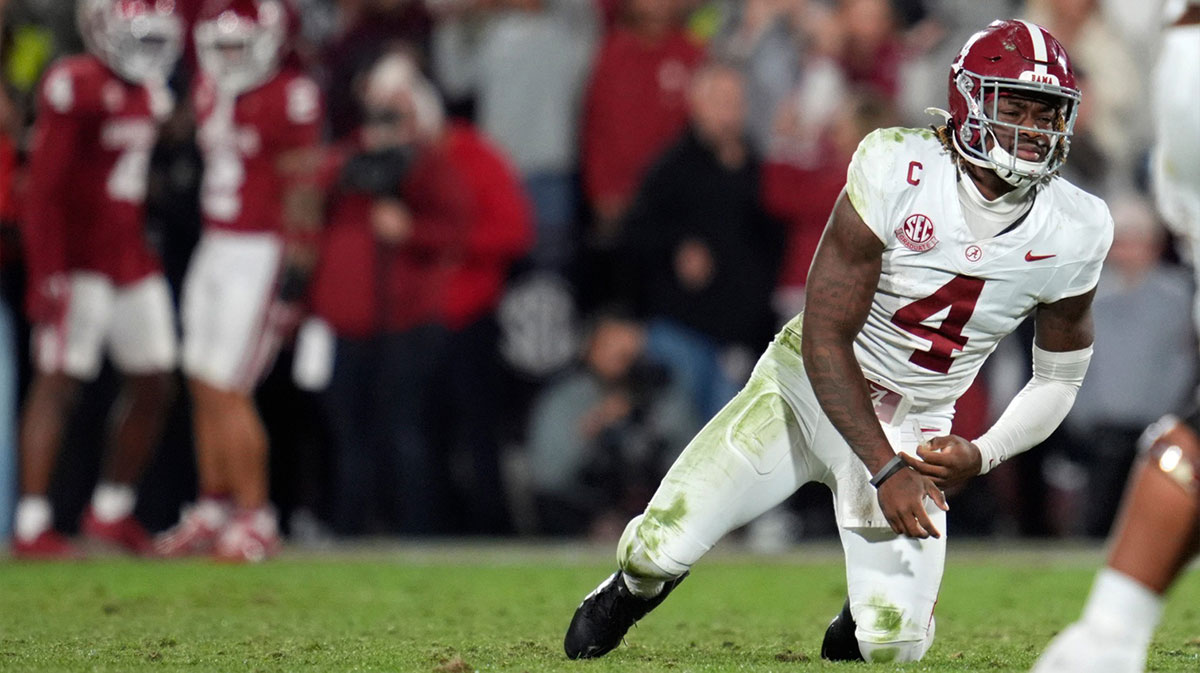 Alabama Crimson Tide quarterback Jalen Milroe (4) gets up after throwing an interception during a college football game between the University of Oklahoma Sooners (OU) and the Alabama Crimson Tide at Gaylord Family - Oklahoma Memorial Stadium in Norman, Okla., Saturday, Nov. 23, 2024. Oklahoma won 24-3.