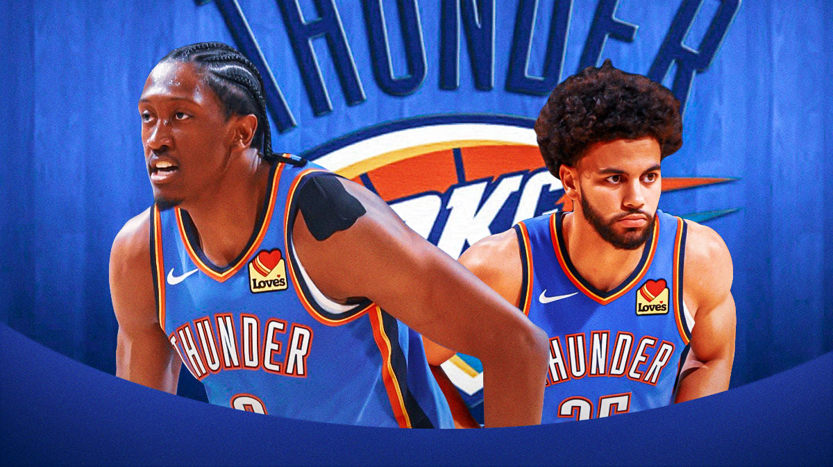 Thunder forward Jalen Williams & Thunder rookie Ajay Mitchell next to the Thunder logo with the Oklahoma City skyline in the background