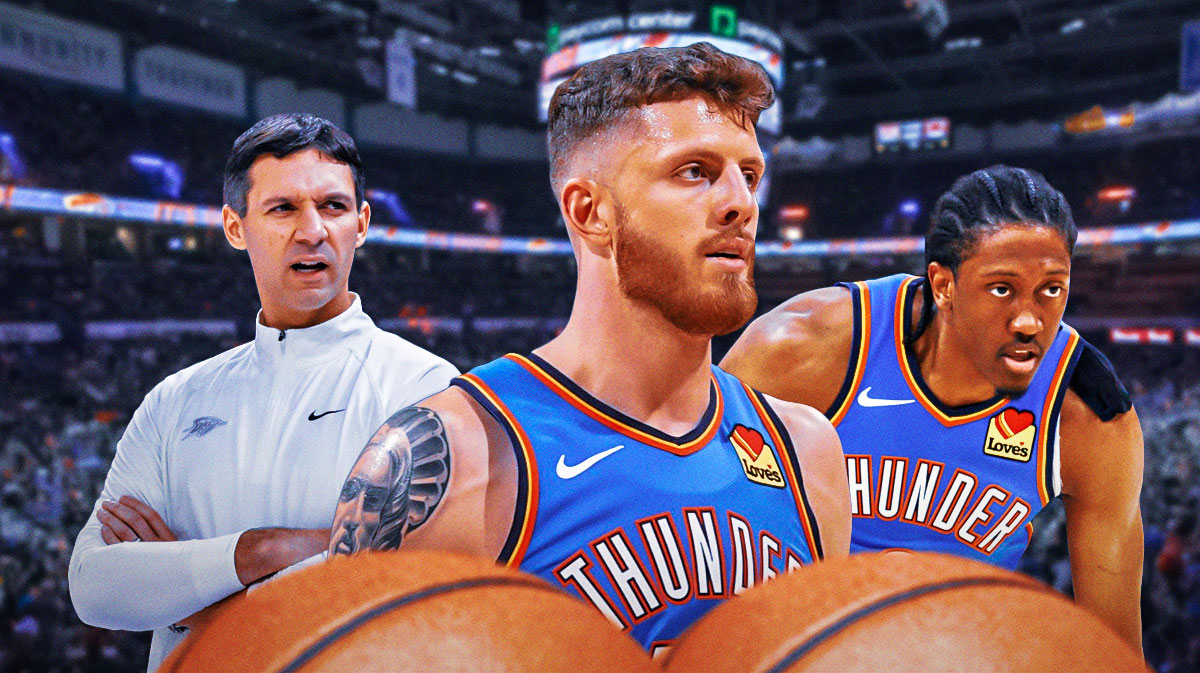 Thunder center Isaiah Hartenstein, Chet Holmgren in the middle of Thunder head coach Mark Daigneault & Thunder forward Jalen Williams