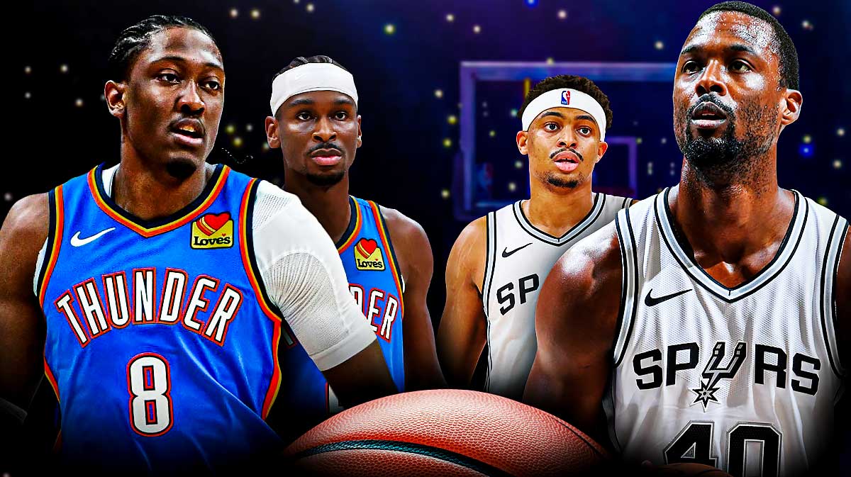 Without Victor Wembanyama Thunder forward Jalen Williams and Thunder All-Star Shai Gilgeous-Alexander next to Spurs guard Keldon Johnson & Spurs forward Harrison Barnes