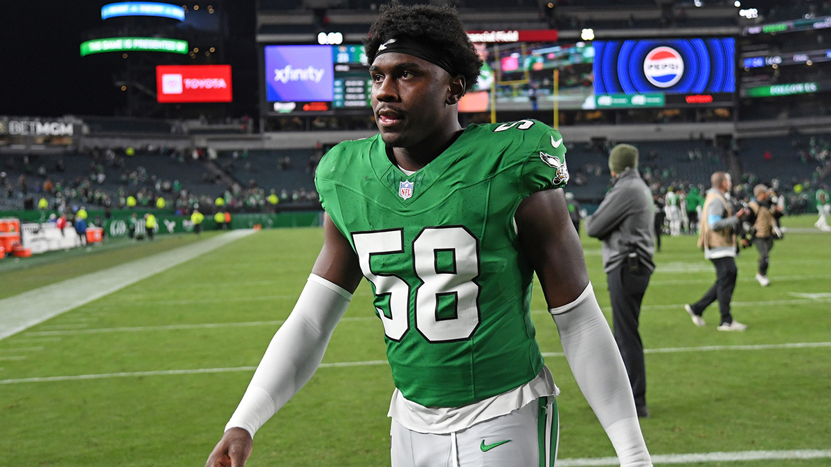 Philadelphia Eagles linebacker Jalyx Hunt (58) walks off the field after win against the Jacksonville Jaguars at Lincoln Financial Field.