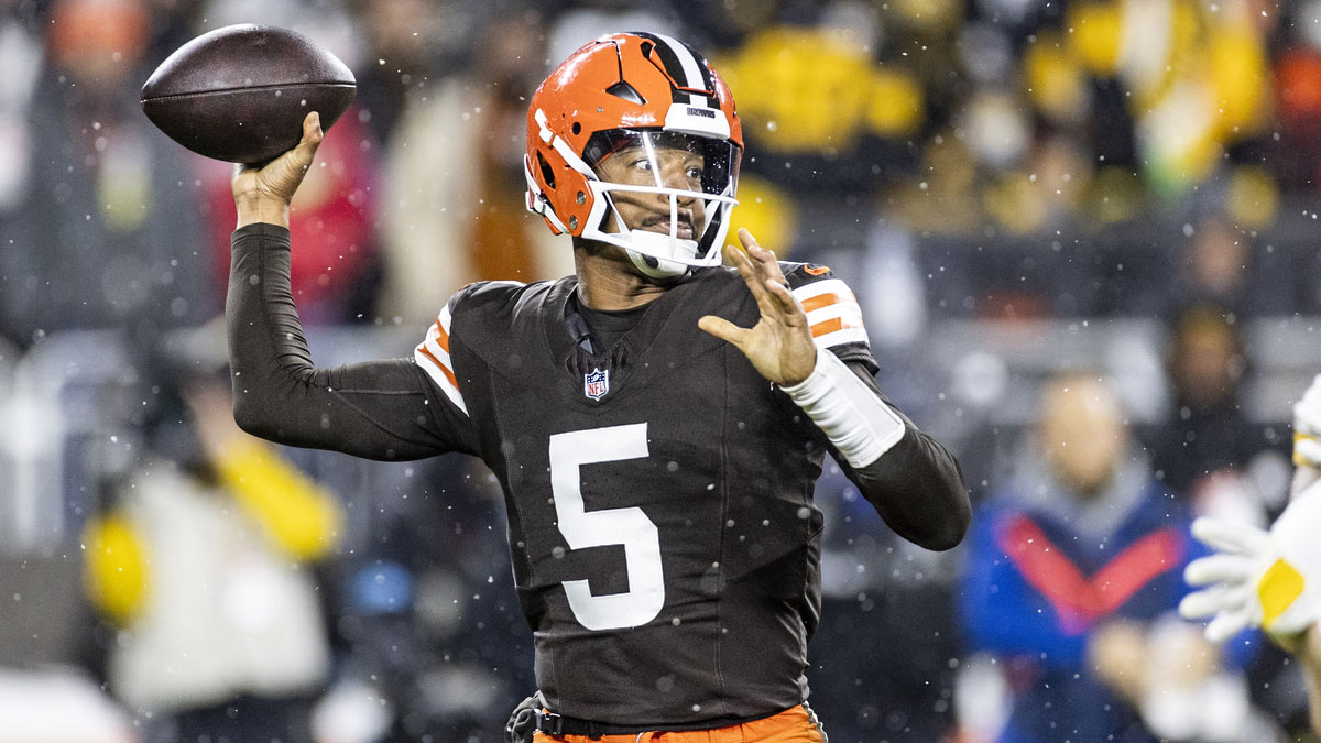 Nov 21, 2024; Cleveland, Ohio, USA; Cleveland Browns quarterback Jameis Winston (5) throws the ball during the second quarter against the Pittsburgh Steelers at Huntington Bank Field Stadium.