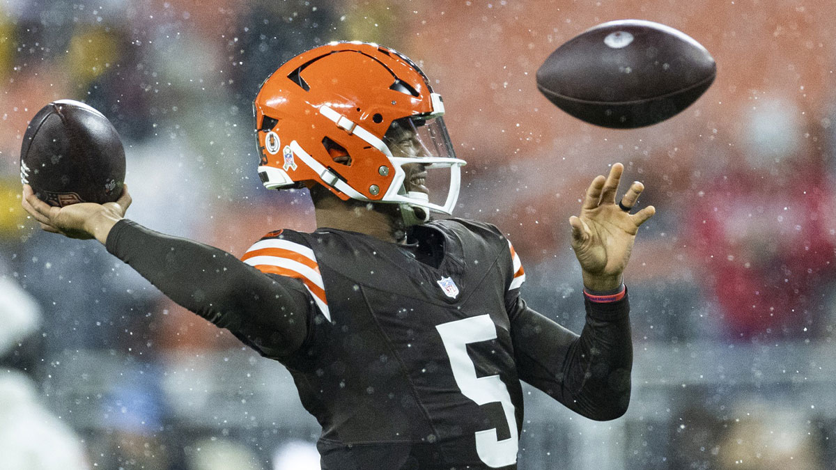 Cleveland Browns quarterback Jameis Winston (5) throws the ball during warm ups before the game against the Pittsburgh Steelers at Huntington Bank Field Stadium. 