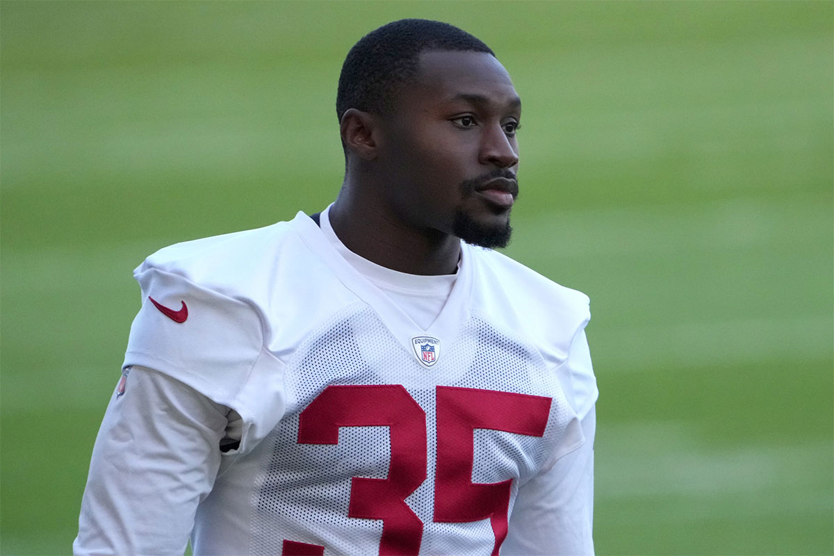 Tampa Bay Buccaneers cornerback Jamel Dean (35) reacts during practice at the FC Bayern Campus.