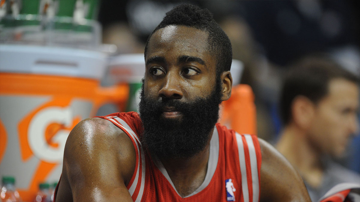 Houston Rockets shooting guard James Harden (13) reacts to action against the Oklahoma City Thunder during the fourth quarter at Chesapeake Energy Arena.