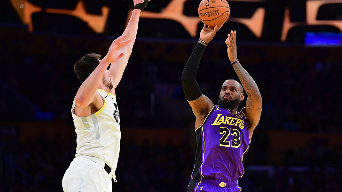  Los Angeles Lakers forward LeBron James (23) shoots against Utah Jazz forward Kyle Filipowski (22) during the first half at Crypto.com Arena.