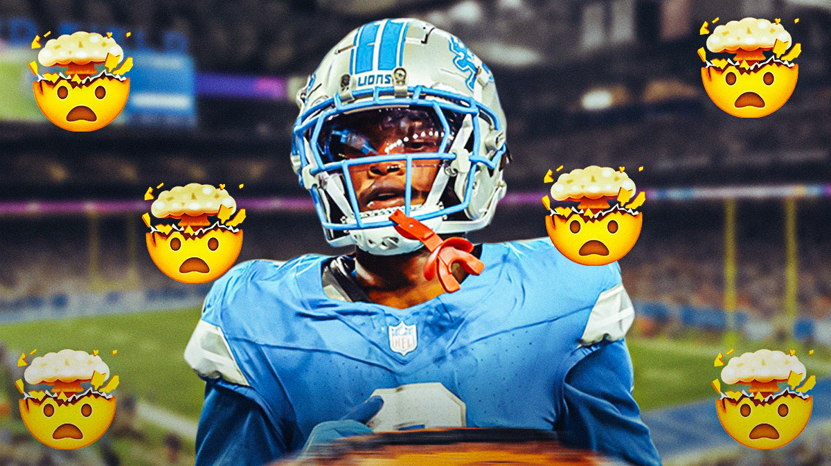 Jameson Williams in a Detroit Lions uniform with exploding head emojis all around him as Williams' hurdle against the Bears was mind blowing on thanksgiving.
